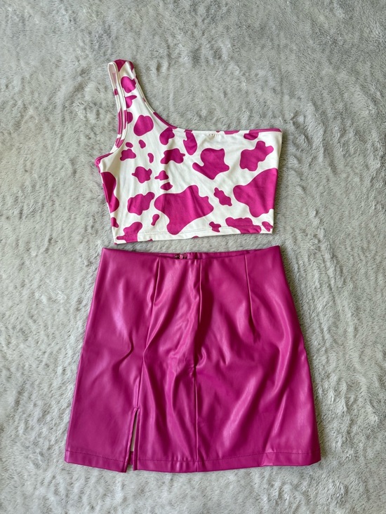 SHEIN Dresses & Skirts - SHEIN Hot Pink Faux Leather Mini Skirt and Cow Print Top